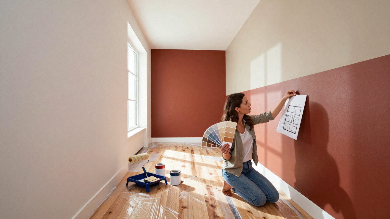 Mulher a escolher cores para pintar parede em sala com chão de madeira e luz natural.