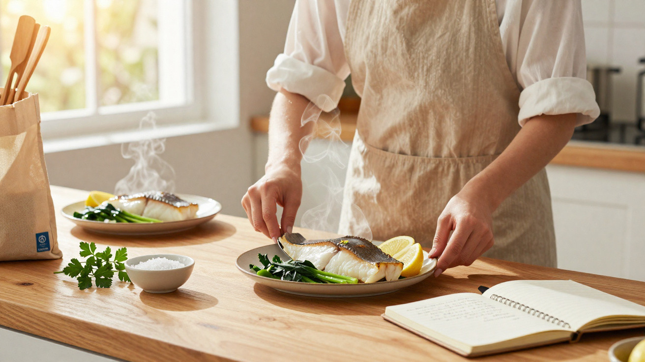 Pessoa a temperar prato de peixe fresco com ervas e limão numa cozinha iluminada.
