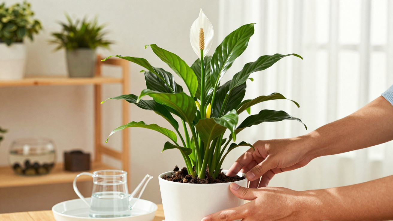 Pessoa a cuidar de uma planta lírio-da-paz em vaso branco num ambiente luminoso e arrumado.