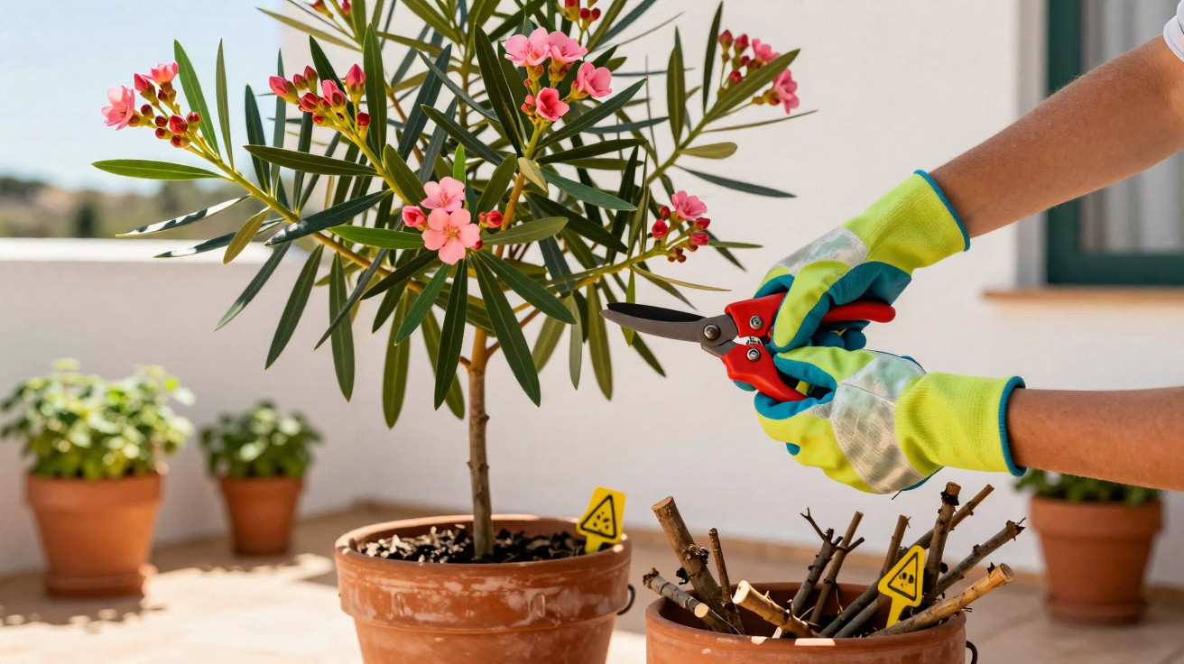 Pessoa de luvas verdes a podar ramos secos de planta com flores cor-de-rosa num vaso.