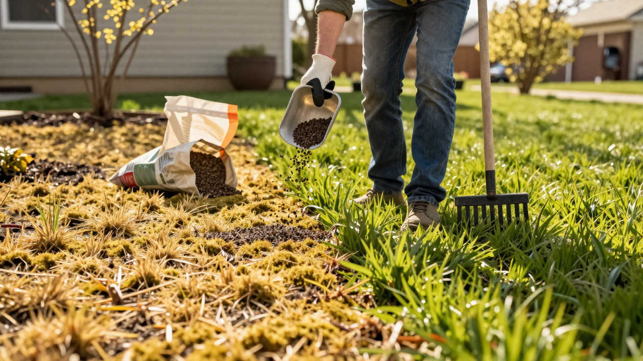 Pessoa a espalhar fertilizante granulado num jardim com luvas, com ancinho encostado na relva verde.