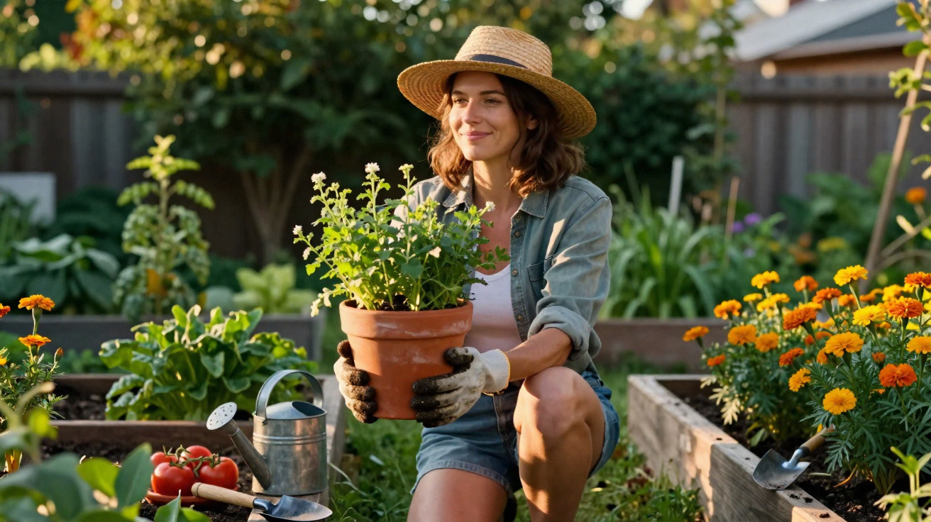 Mulher com chapéu de palha a cuidar de planta em vaso num jardim comunitário com flores e legumes.
