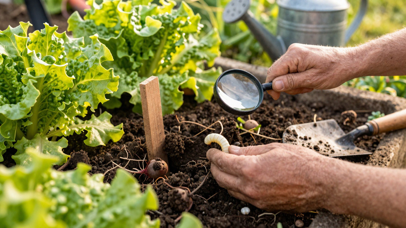Mãos seguram larva e lupa para inspeção em horta com alfaces e ferramentas de jardinagem.