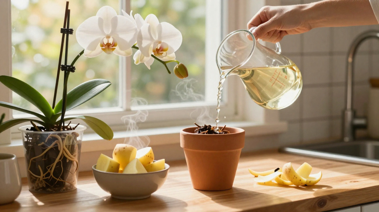 Mãos a verter chá quente numa caneca junto a orquídea branca, maçã cortada e cascas numa bancada de cozinha.