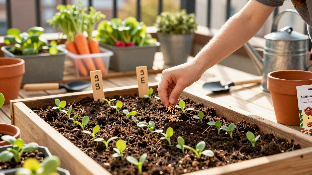 Hand planter sementes em caixote com plantas jovens numa varanda com ferramentas de jardinagem.