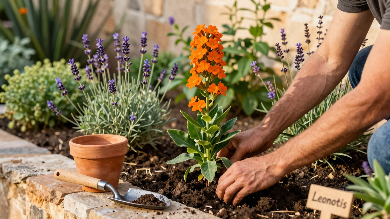 Pessoa a plantar flor laranja num canteiro com várias plantas e ferramentas de jardinagem.