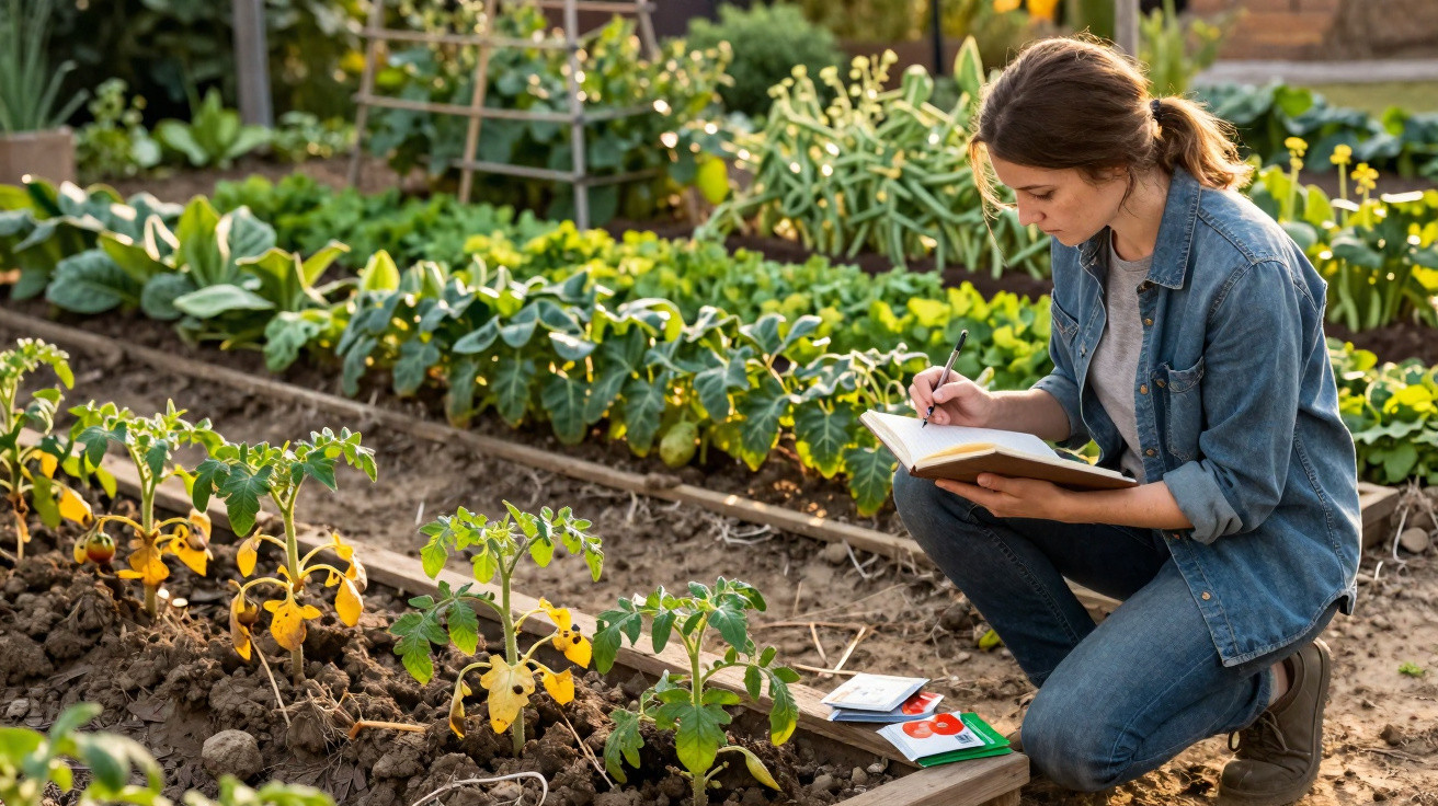 Mulher agachada no jardim a anotar observações sobre plantas de tomate num caderno.