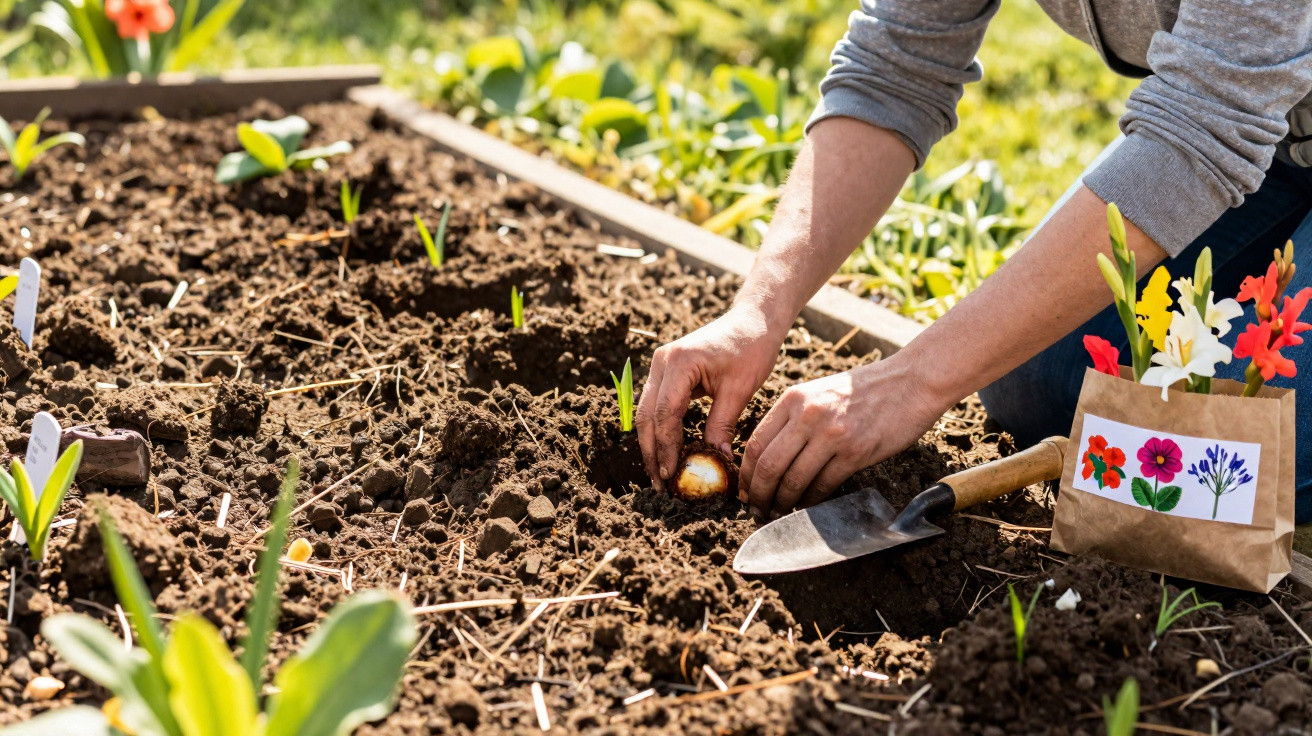 Pessoa a plantar um bulbo de flor num canteiro de terra com uma pequena pá de jardim ao lado.