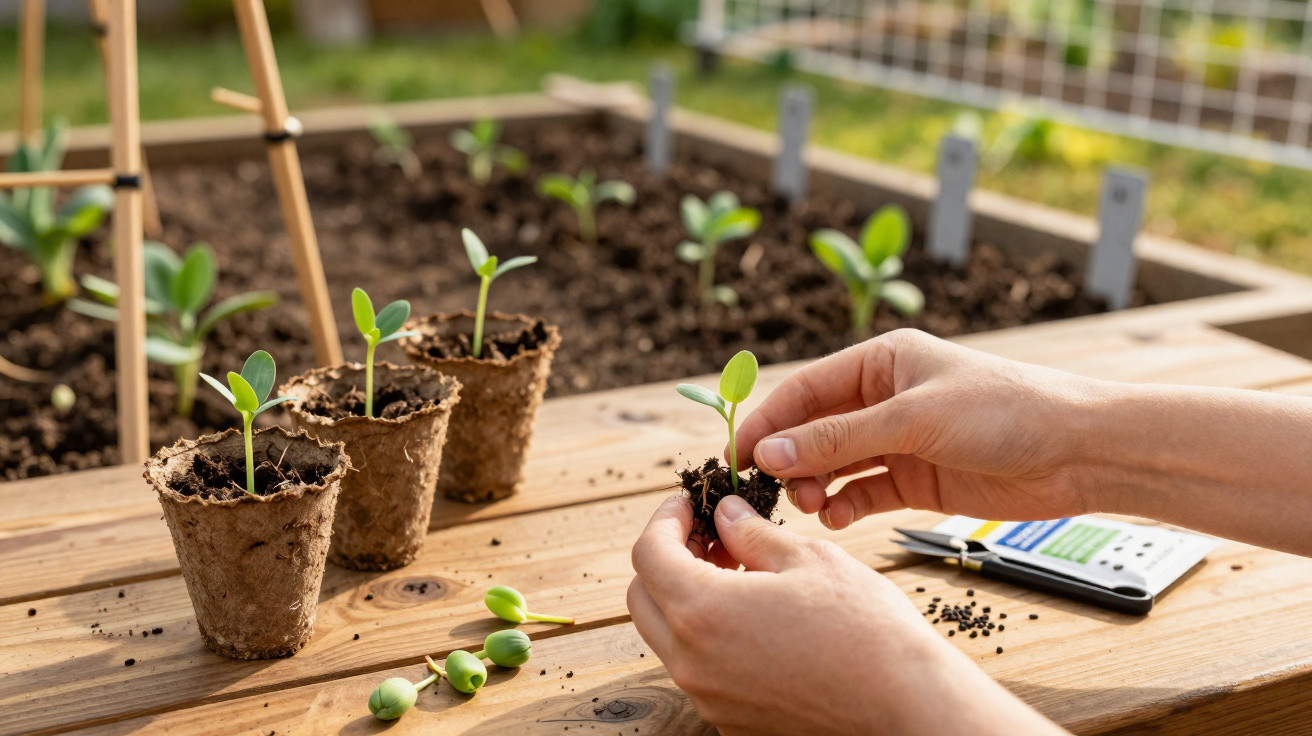 Mãos transplantando rebento para vaso biodegradável numa mesa de madeira com jardim ao fundo.