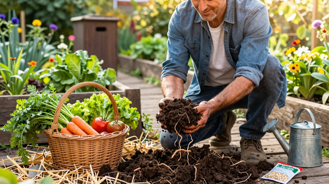 Homem a trabalhar na horta, a mexer na terra perto de cesto com legumes frescos e regador metálico.