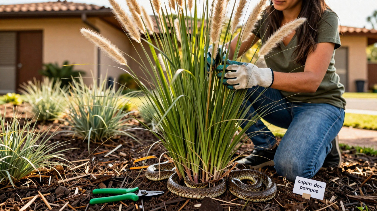Pessoa a plantar capim-dos-pampas num jardim com uma cobra enrolada à volta da planta.