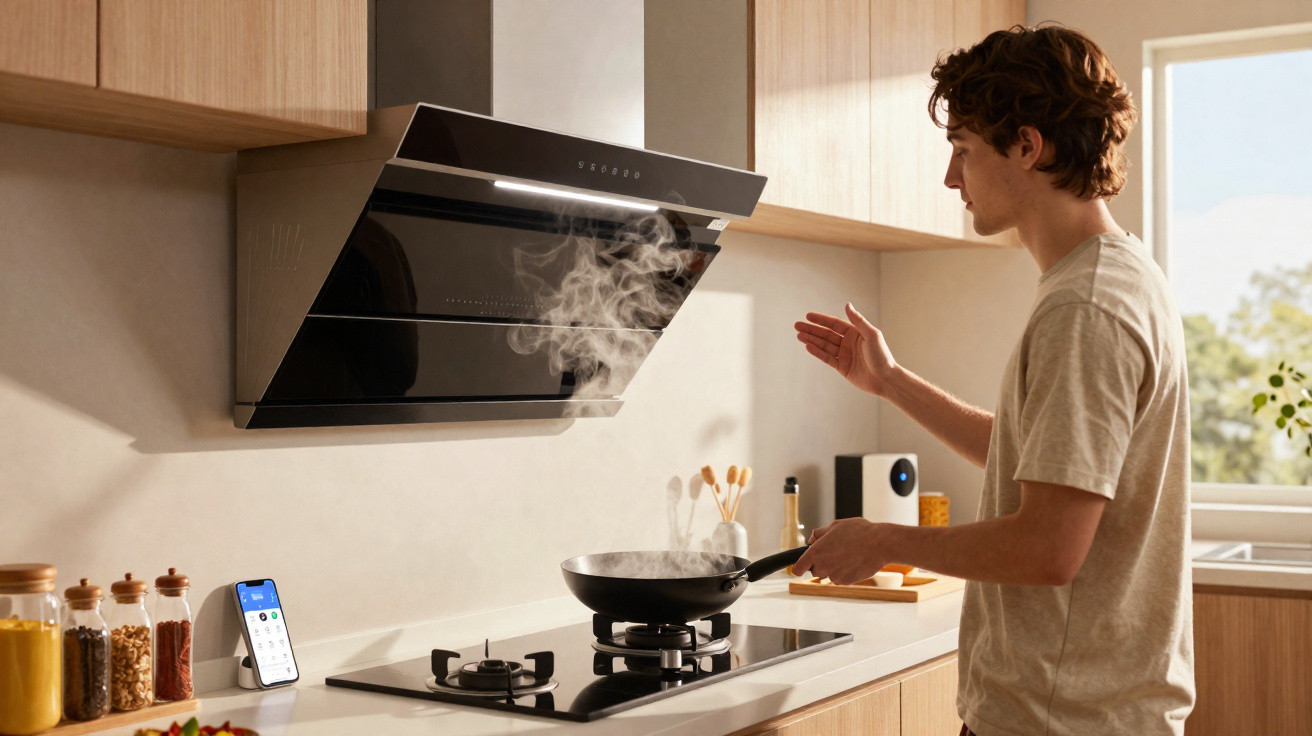 Jovem a cozinhar numa cozinha moderna com exaustor ligado a aspirar o vapor da frigideira.