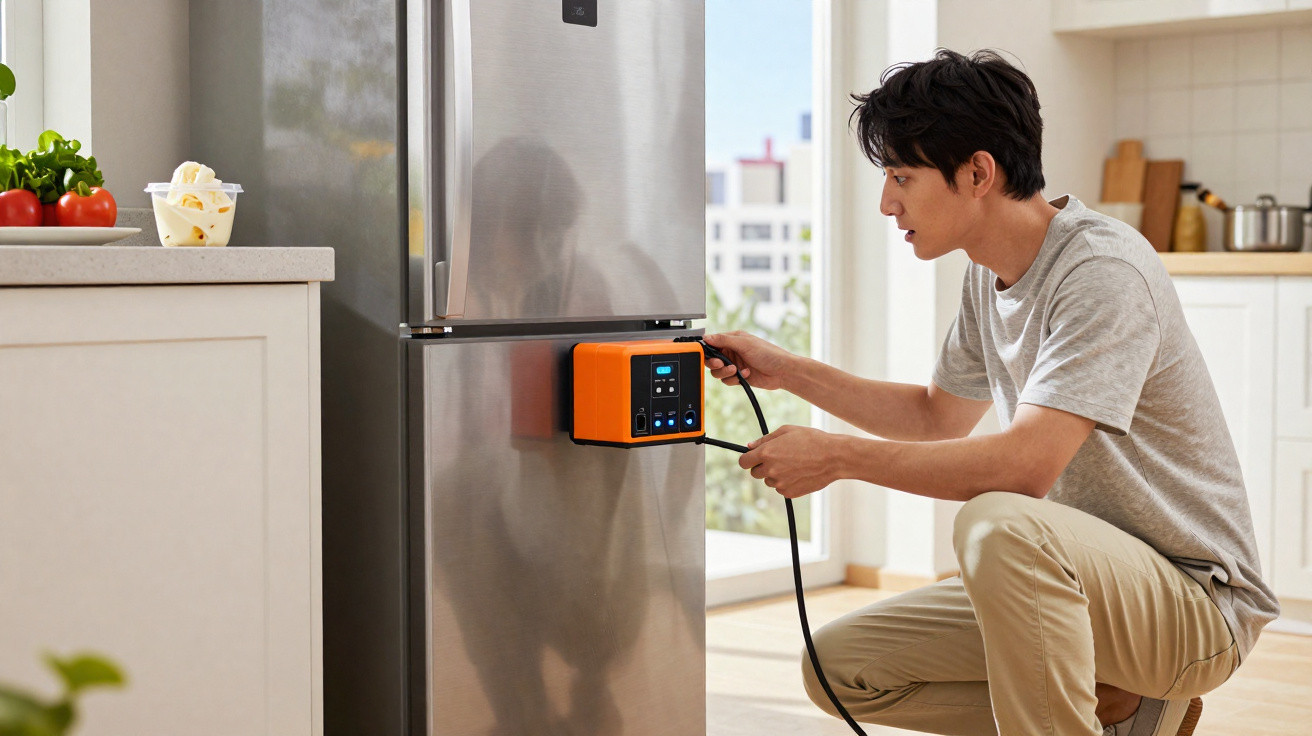 Homem a ligar dispositivo portátil laranja na porta do frigorífico numa cozinha moderna.