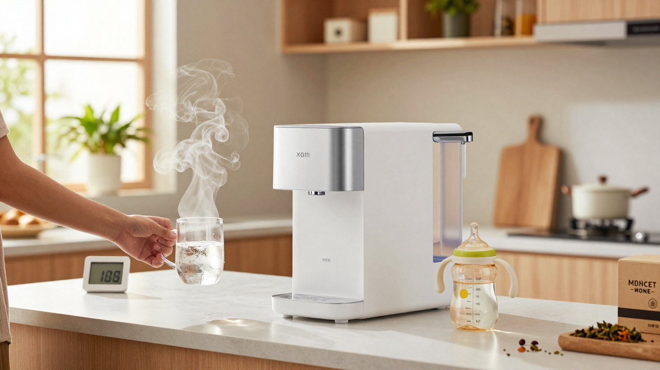 Mão segura chávena de vidro com vapor saída de máquina de água quente branca numa cozinha moderna.