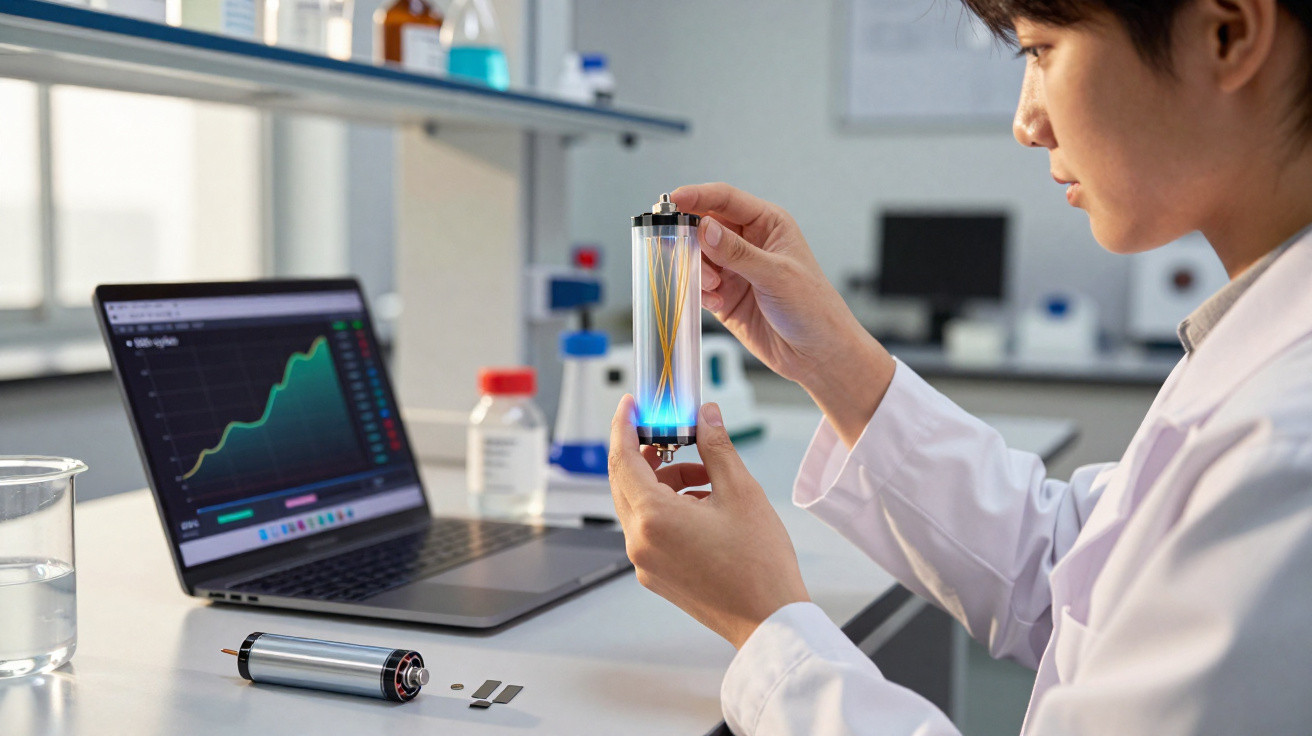 Cientista analisa célula combustível em laboratório com gráfico de desempenho aberto no portátil ao lado.
