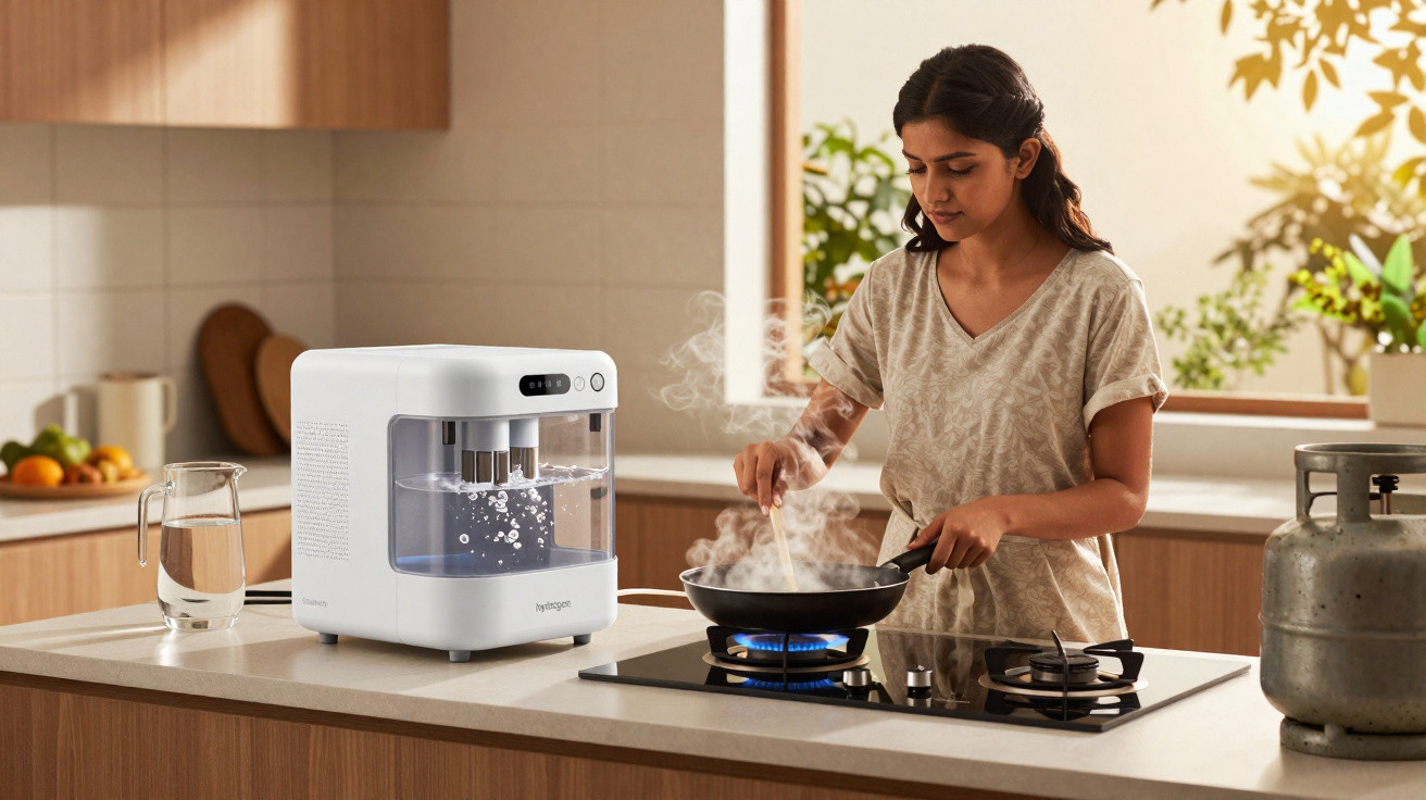 Mulher a cozinhar numa cozinha moderna com fogão a gás e máquina de lavar loiça branca.