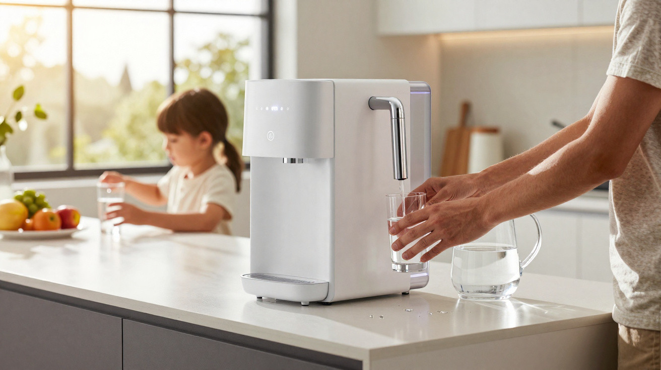 Pessoa a encher copo de água numa máquina de filtragem, com criança ao fundo sentada à mesa da cozinha.