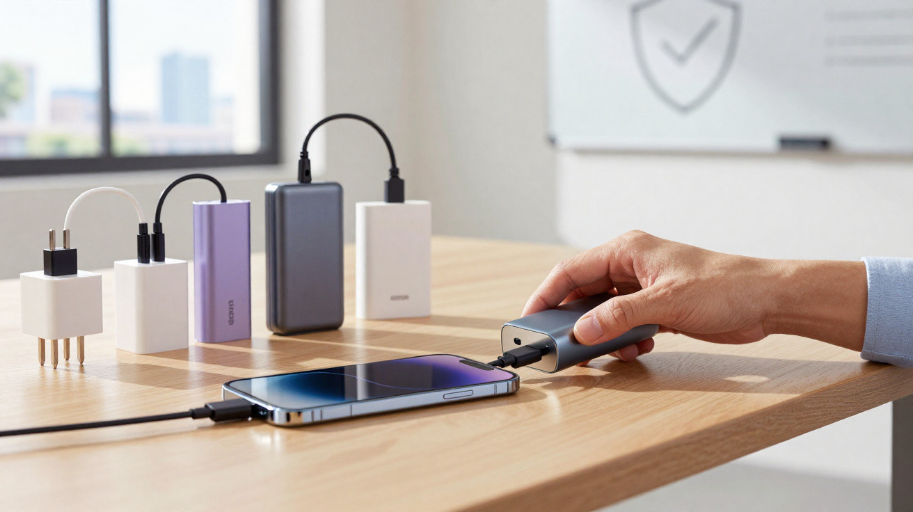 Mão a ligar power bank a smartphone sobre mesa com vários carregadores e power banks alinhados.