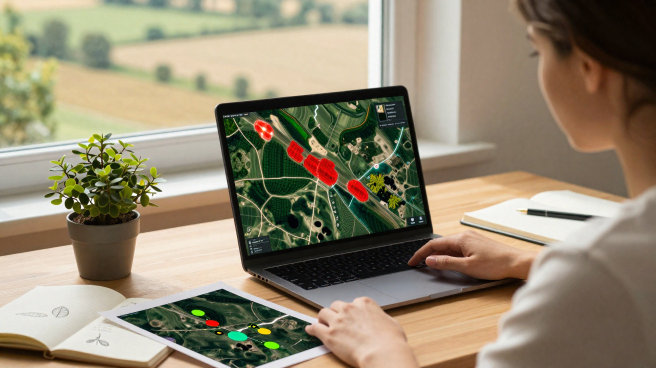 Pessoa a analisar mapa agrícola colorido num portátil, com tablet e caderno numa secretária junto à janela.