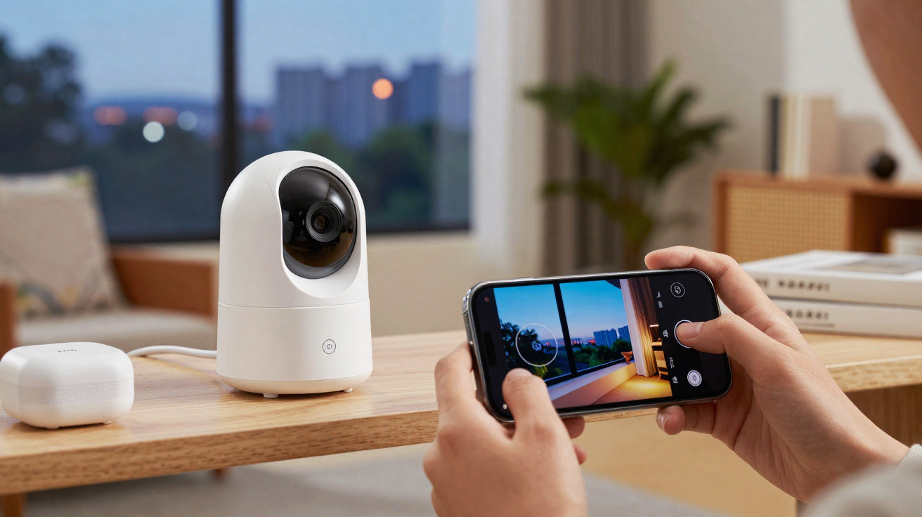 Mãos seguram telemóvel a controlar e visualizar imagem captada por câmara de segurança branca num ambiente interior.