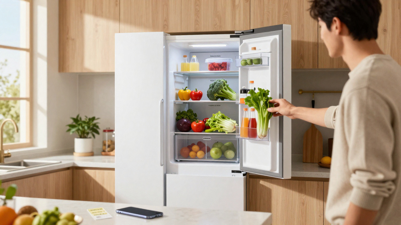 Pessoa a retirar aipo de um frigorífico aberto com legumes e sumos numa cozinha moderna com luz natural.