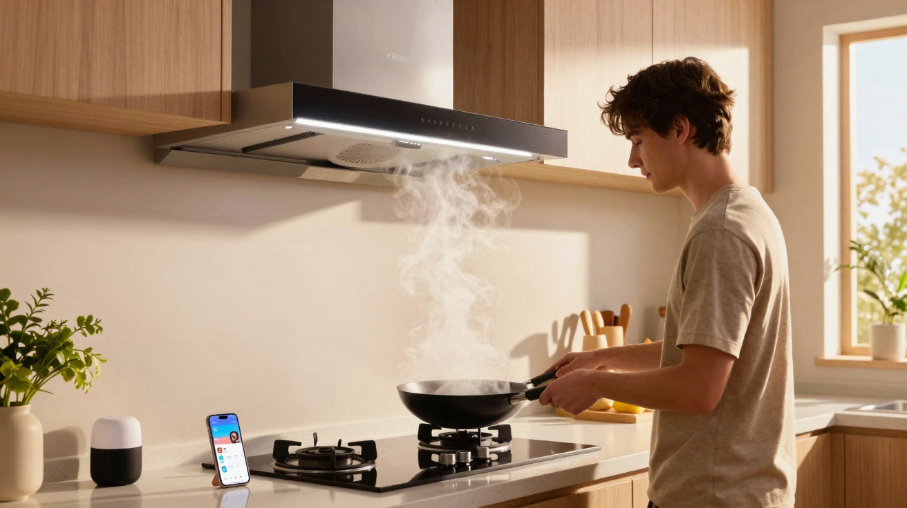 Jovem cozinha numa cozinha moderna com exaustor e vapor a sair da frigideira.