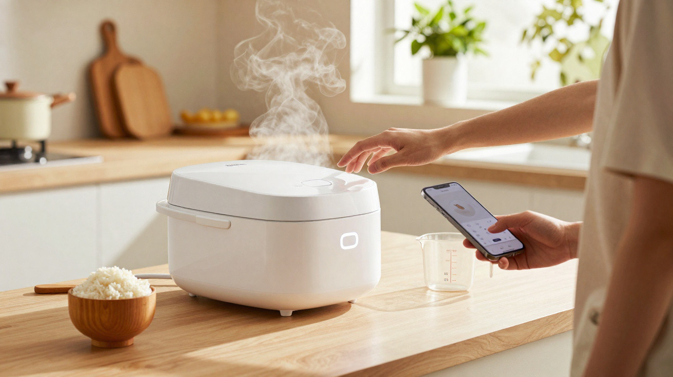Pessoa a interagir com panela elétrica branca a cozinhar arroz numa cozinha moderna com luz natural.