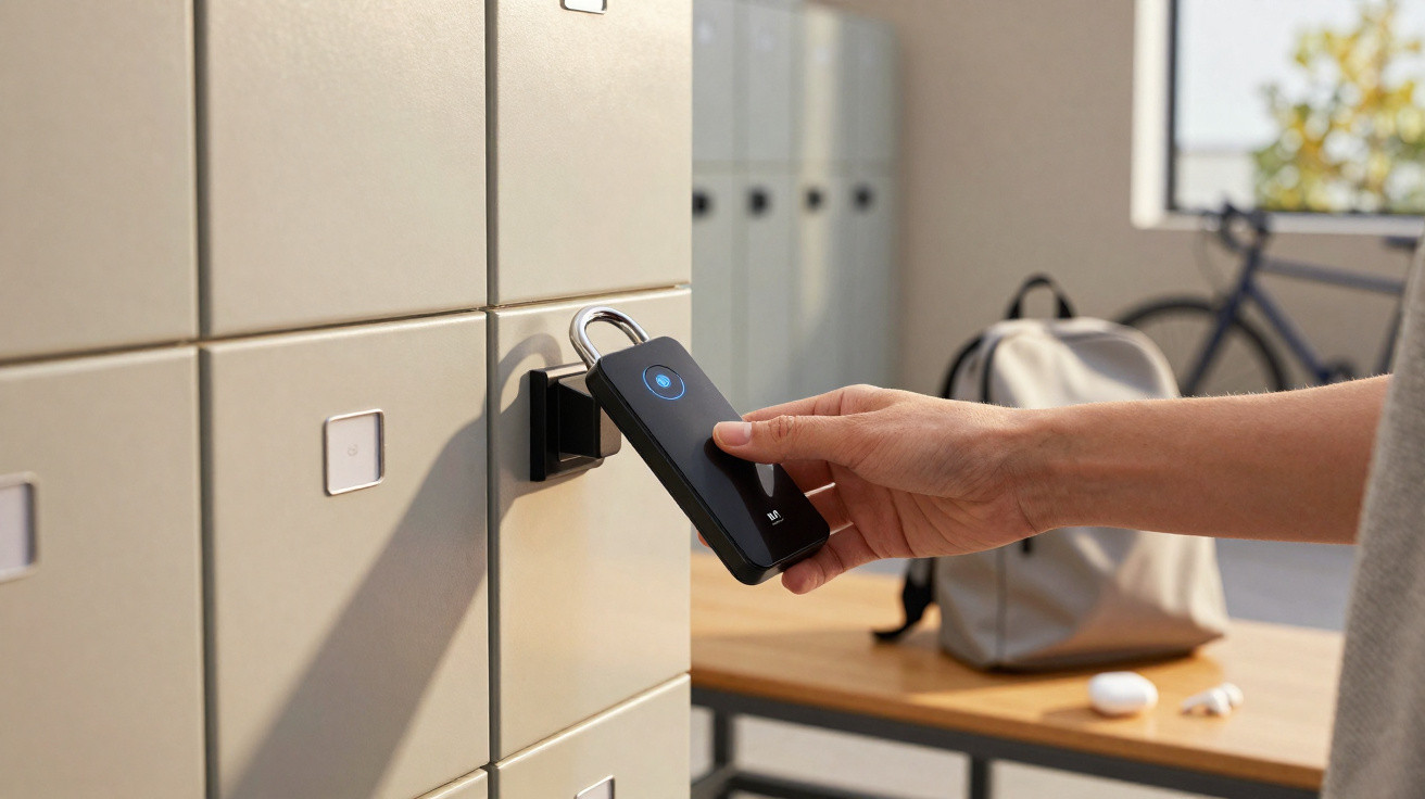 Pessoa a usar dispositivo móvel para abrir cacifo electrónico num espaço de coworking.