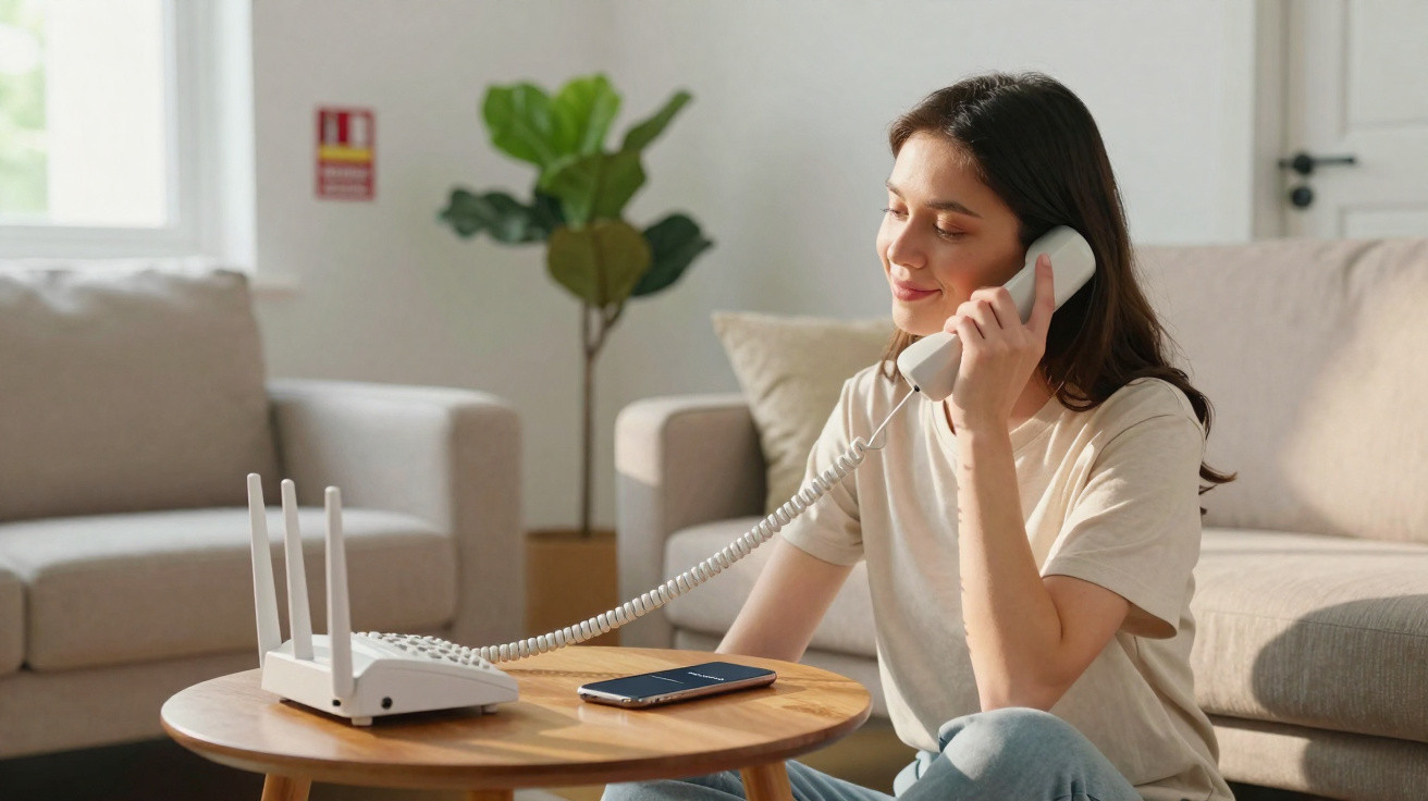 Mulher sentada numa sala a falar ao telefone fixo, com um smartphone na mesa à sua frente.