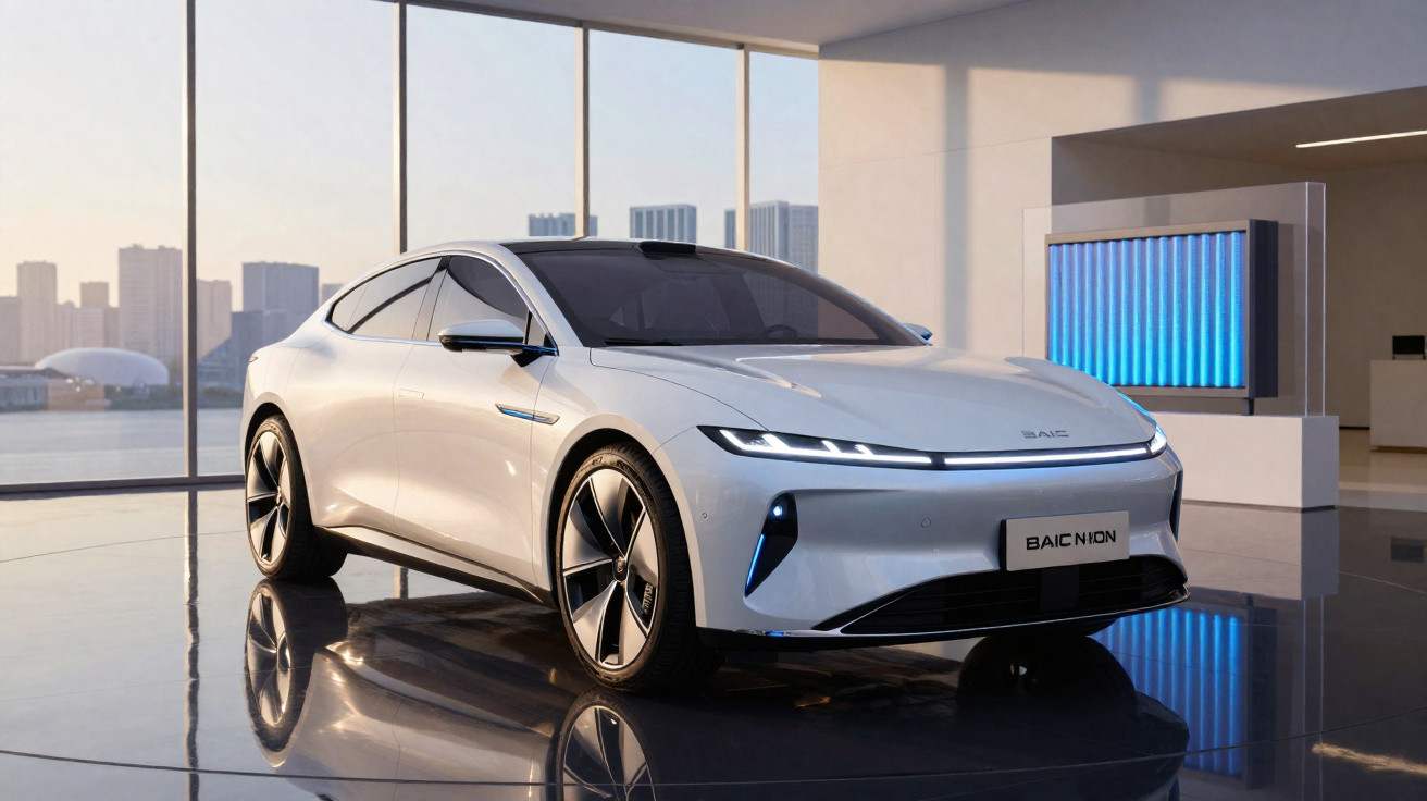 Carro elétrico branco moderno estacionado em espaço interior com janelas amplas e vista urbana ao fundo.