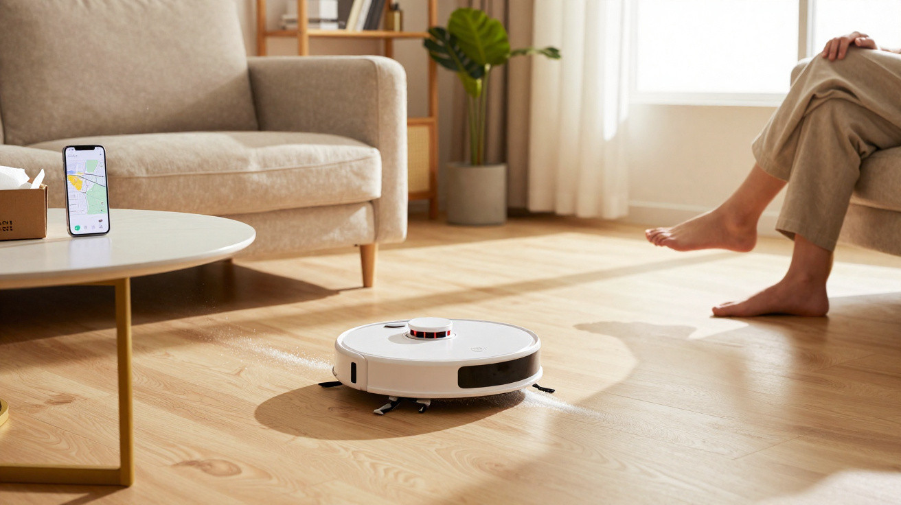 Robot aspirador branco a limpar chão de madeira numa sala com sofá e pessoa sentada.