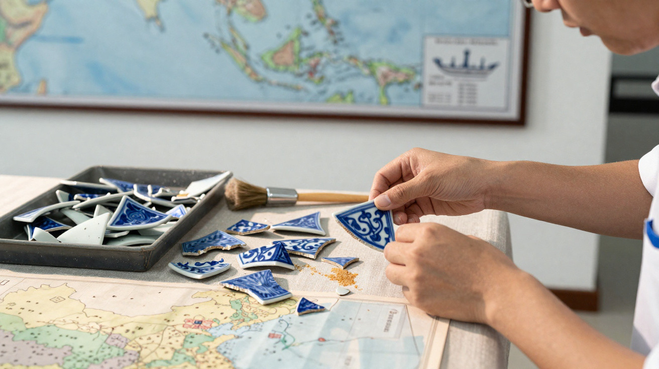 Pessoas a montar peças de cerâmica azulejada azul e branca sobre uma mesa com mapa e pincel.