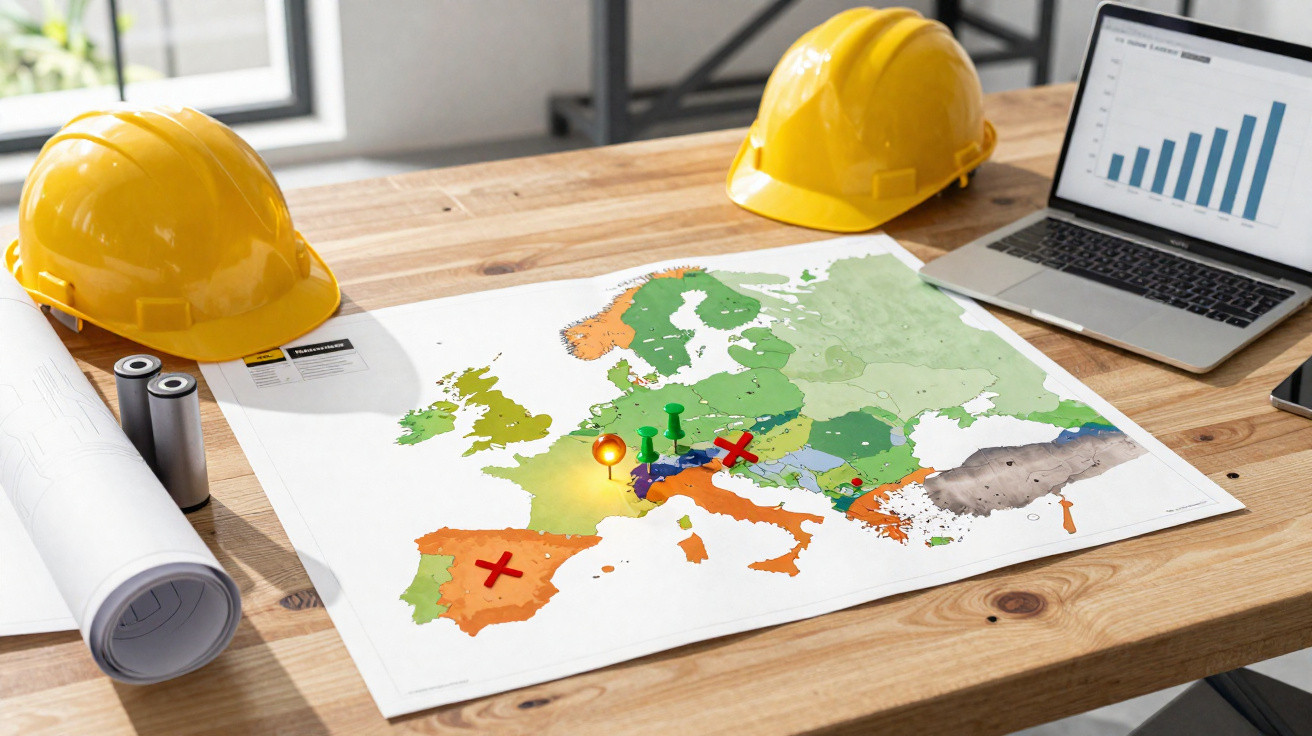 Mesa de madeira com capacetes amarelos, mapa da Europa com alfinetes e laptop com gráfico de barras.