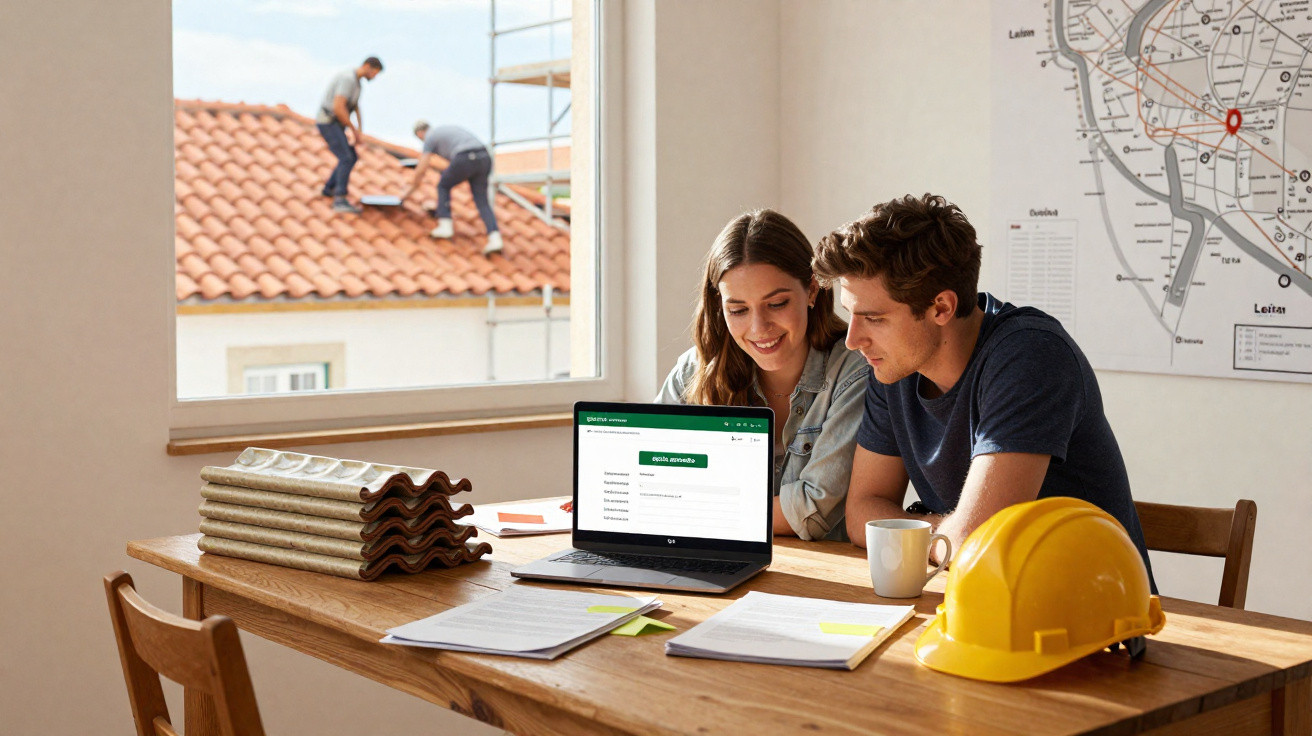 Casal a planear obra com laptop e capacete, com trabalhadores a instalar telhas no telhado ao fundo.