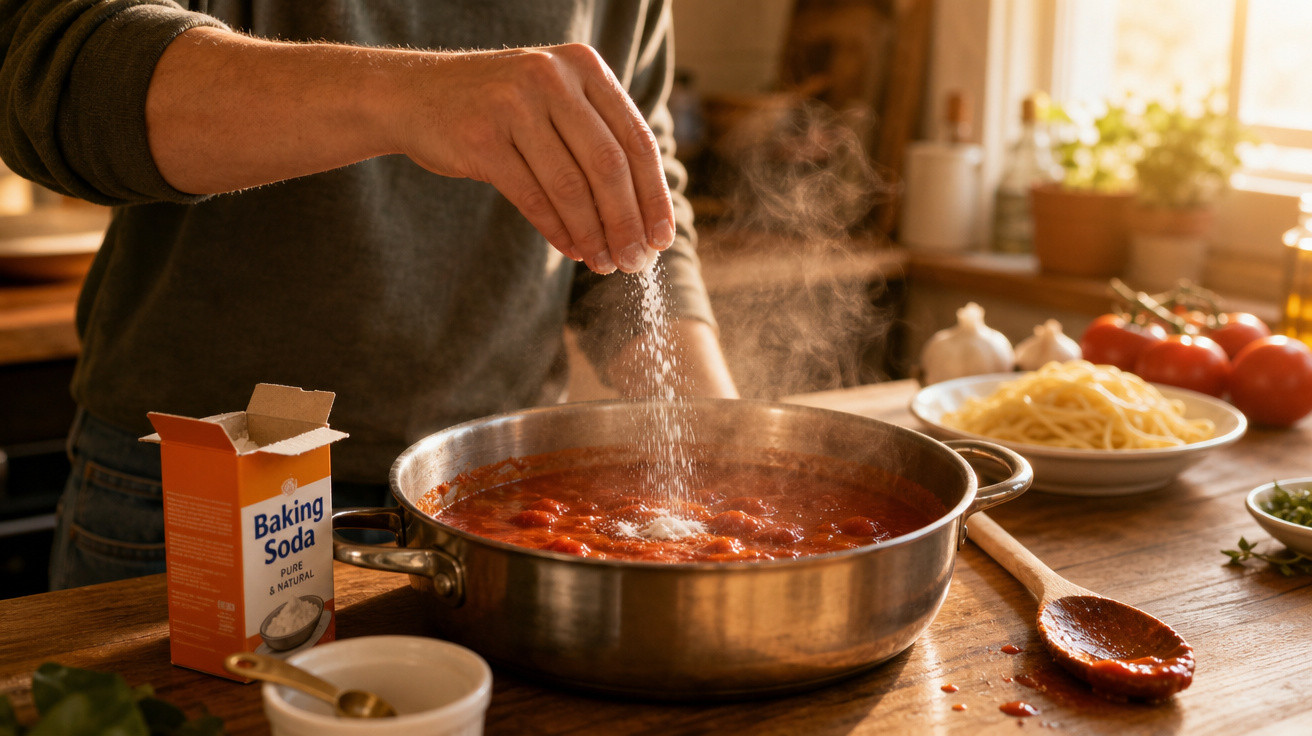 Pessoa a adicionar bicarbonato de sódio numa panela com molho de tomate na cozinha iluminada pelo sol.
