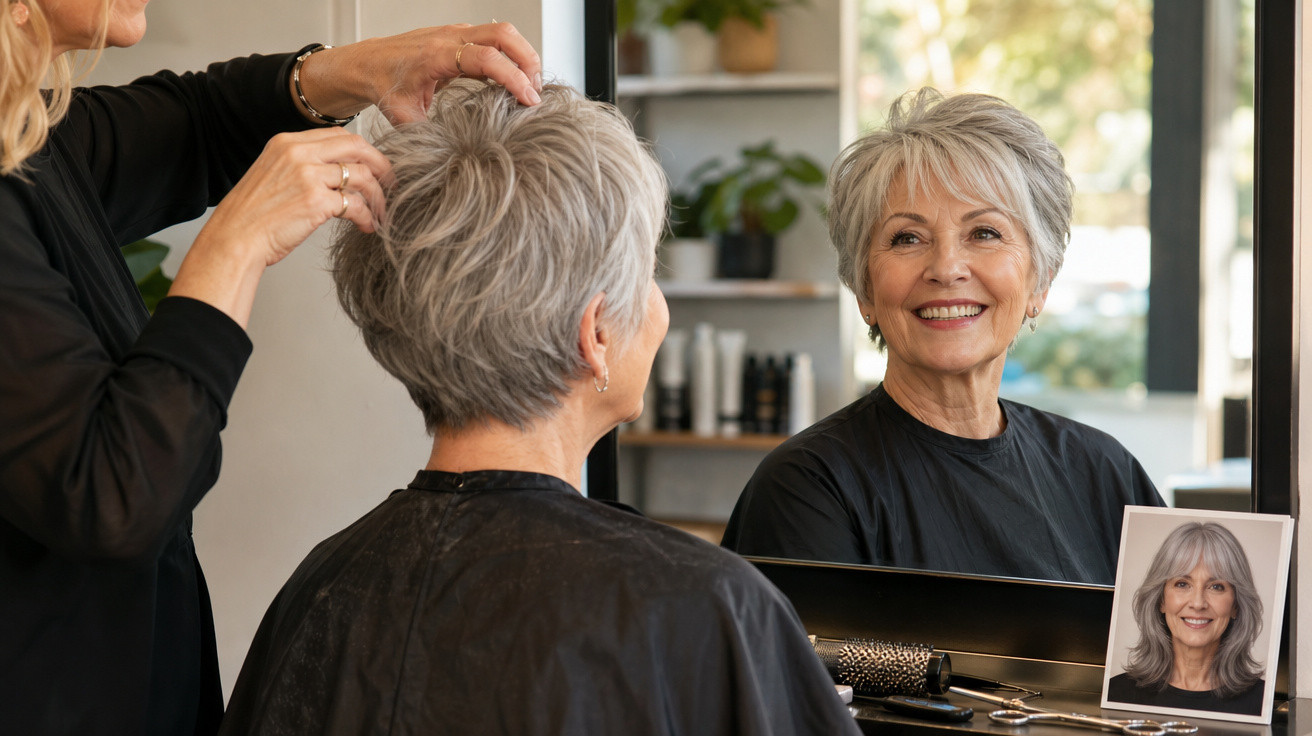 Mulher idosa sorridente a receber penteado num cabeleireiro, com foto de referência do corte.