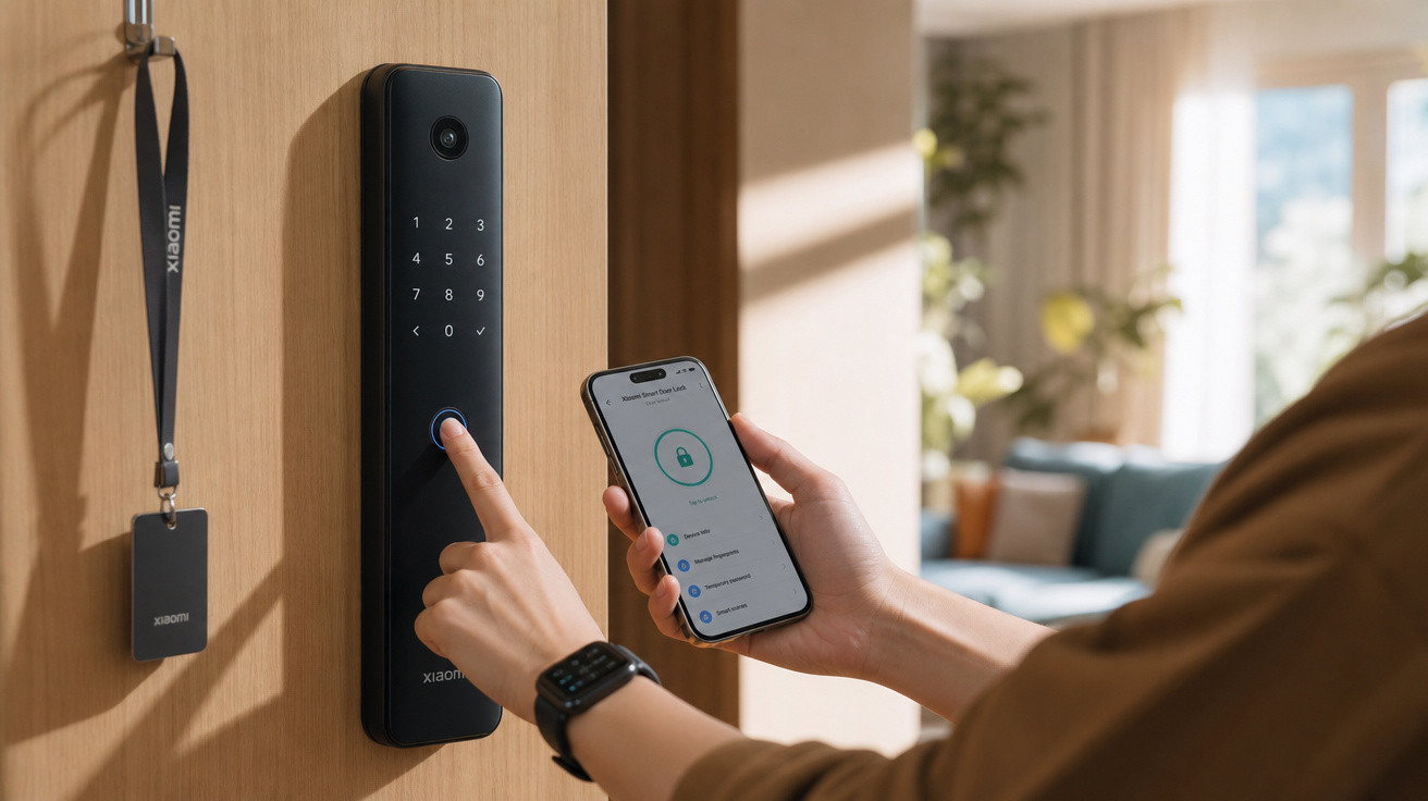 Pessoa a usar comando digital e smartphone para abrir fechadura eletrónica numa porta de madeira.