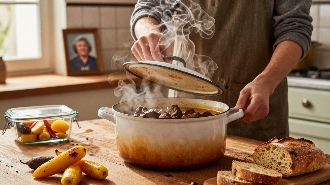 Pessoa a abrir panela quente com carne cozinhada, legumes e pão numa cozinha rústica com luz natural.
