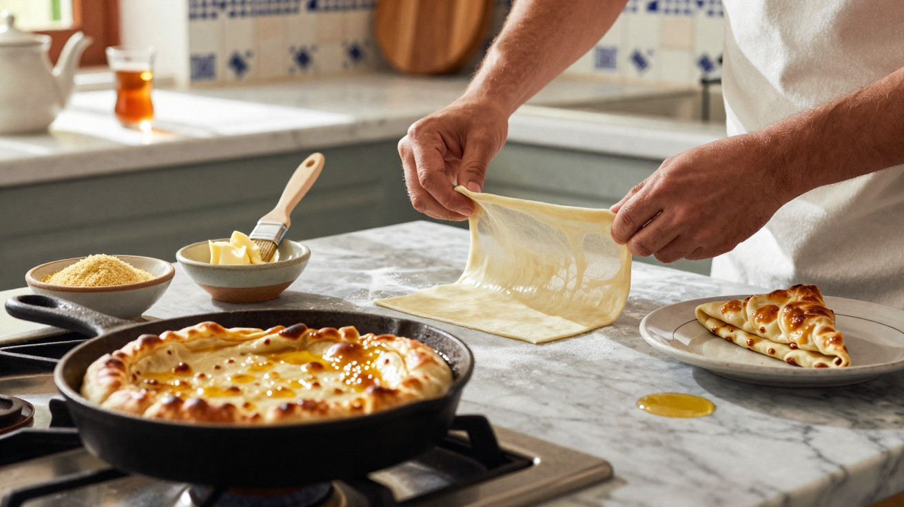 Pessoa a esticar massa numa cozinha com tarte acabada de cozer e ingredientes sobre bancada marmoreana.