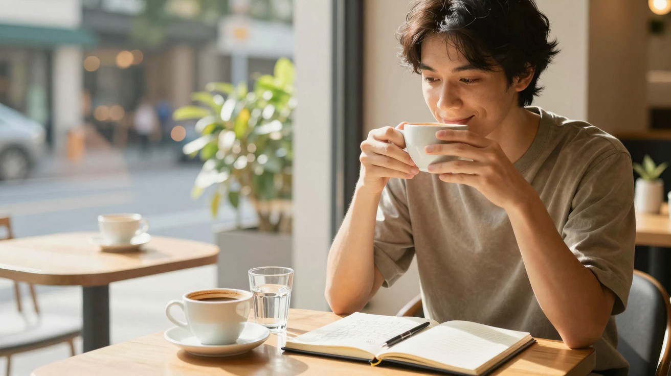 Jovem sentado num café, a beber café e a ler um caderno aberto na mesa.