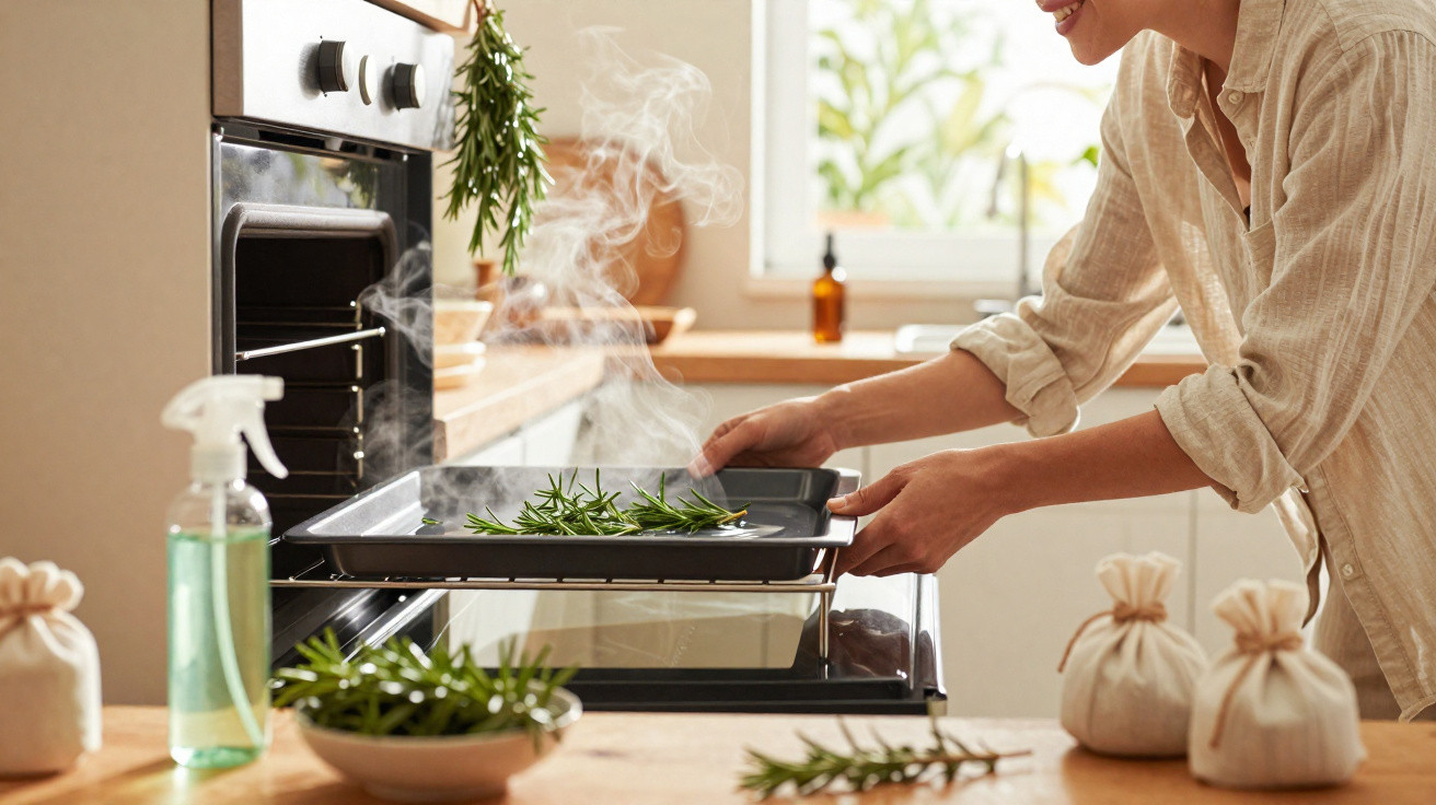 Pessoa a retirar tabuleiro com ervas aromáticas fumegantes do forno numa cozinha iluminada.