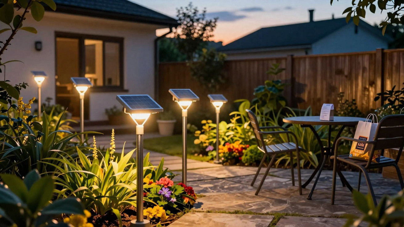 Jardim com luzes solares a iluminar caminho e mesa de exterior com cadeiras ao anoitecer.