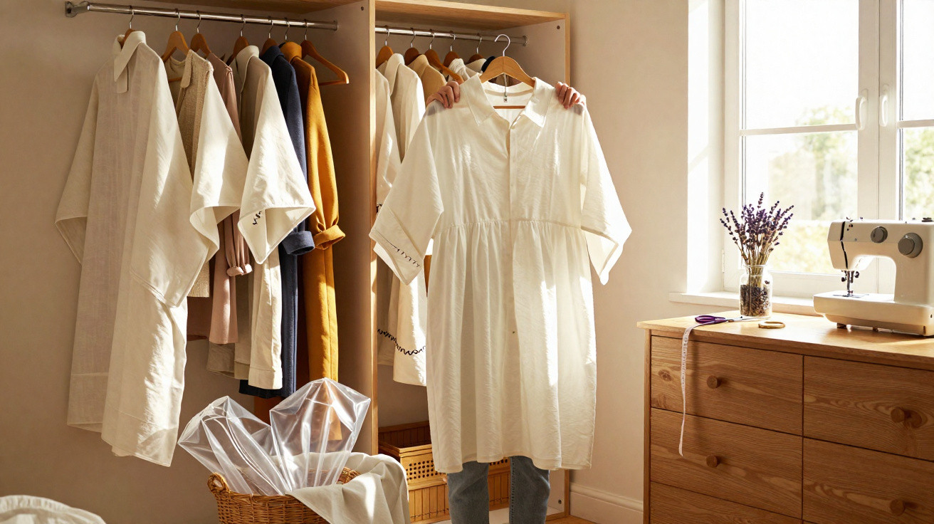 Pessoa a segurar vestido branco num quarto com roupas penduradas, cesto e máquina de costura numa cómoda de madeira.