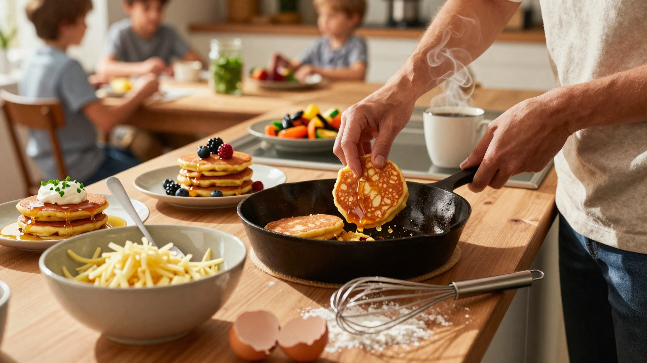 Pessoa a cozinhar panquecas numa cozinha com crianças ao fundo e alimentos diversos na mesa.