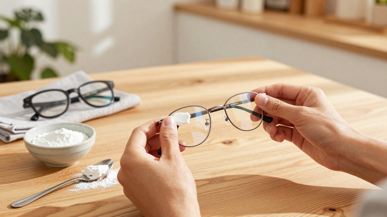 Mãos a limpar lentes de óculos com pasta branca caseira, com outro par de óculos e tigela de pó ao fundo.