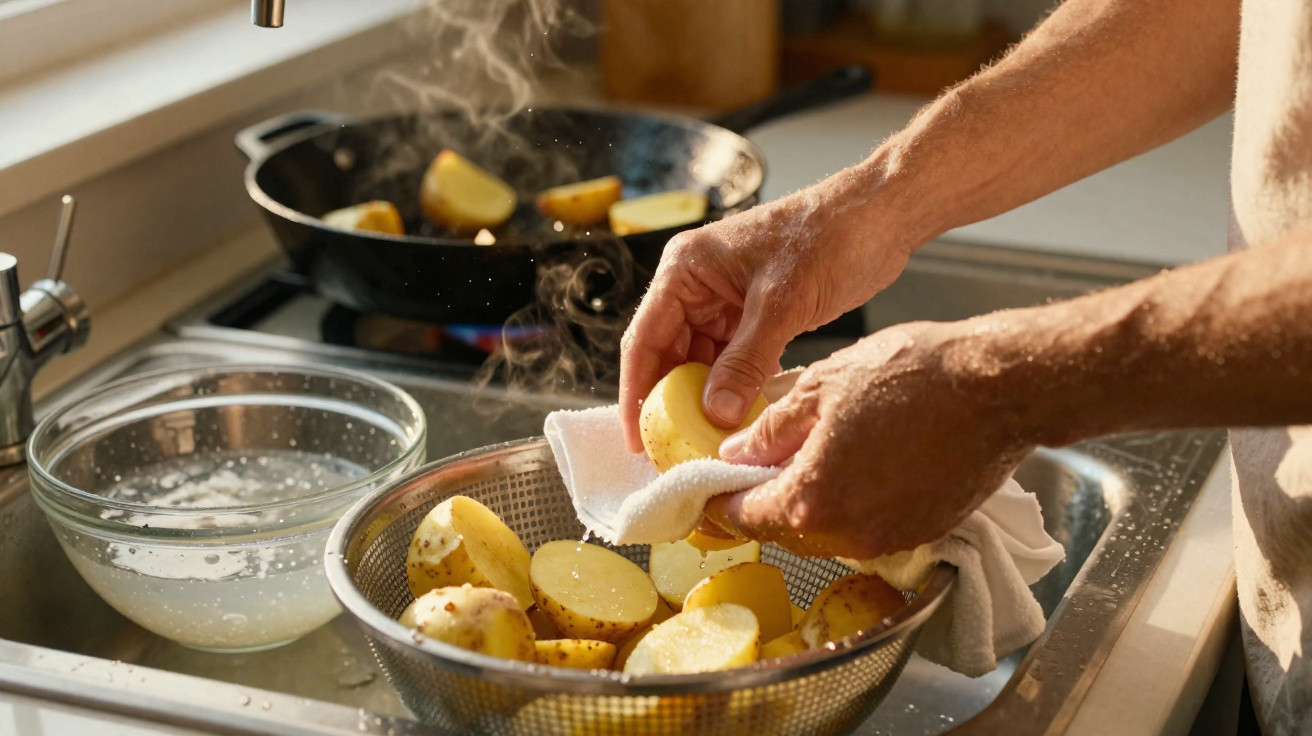 Mãos a secar batatas cortadas com toalha enquanto outras cozinham numa frigideira na cozinha iluminada.