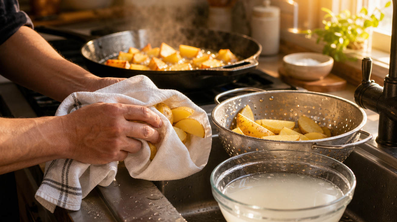 Pessoa a secar batatas cortadas com pano, perto de escorredor e frigideira com batatas a cozinhar.
