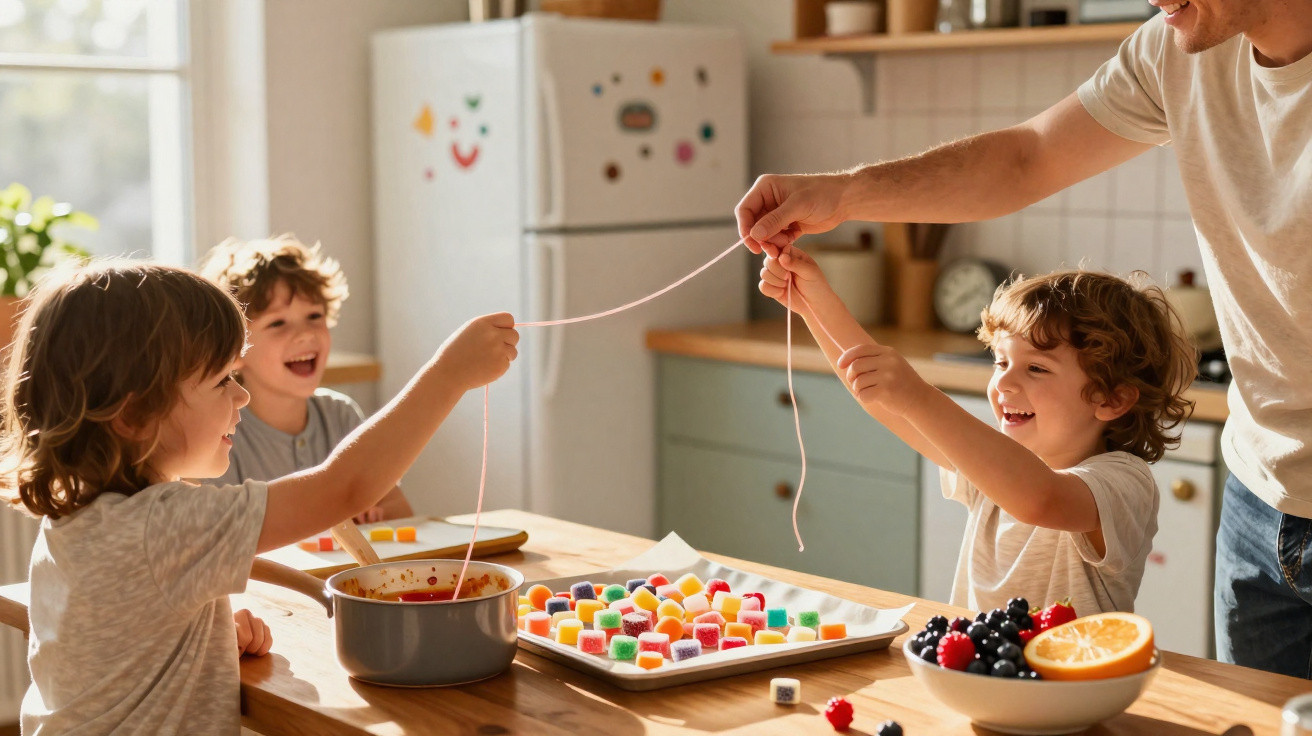 Crianças a fazer colares com gomas coloridas numa cozinha com um adulto a ajudar.