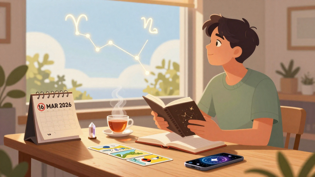 Jovem sentado a ler livro de astrologia com cartas, chá e calendário marcando 16 de março de 2026.