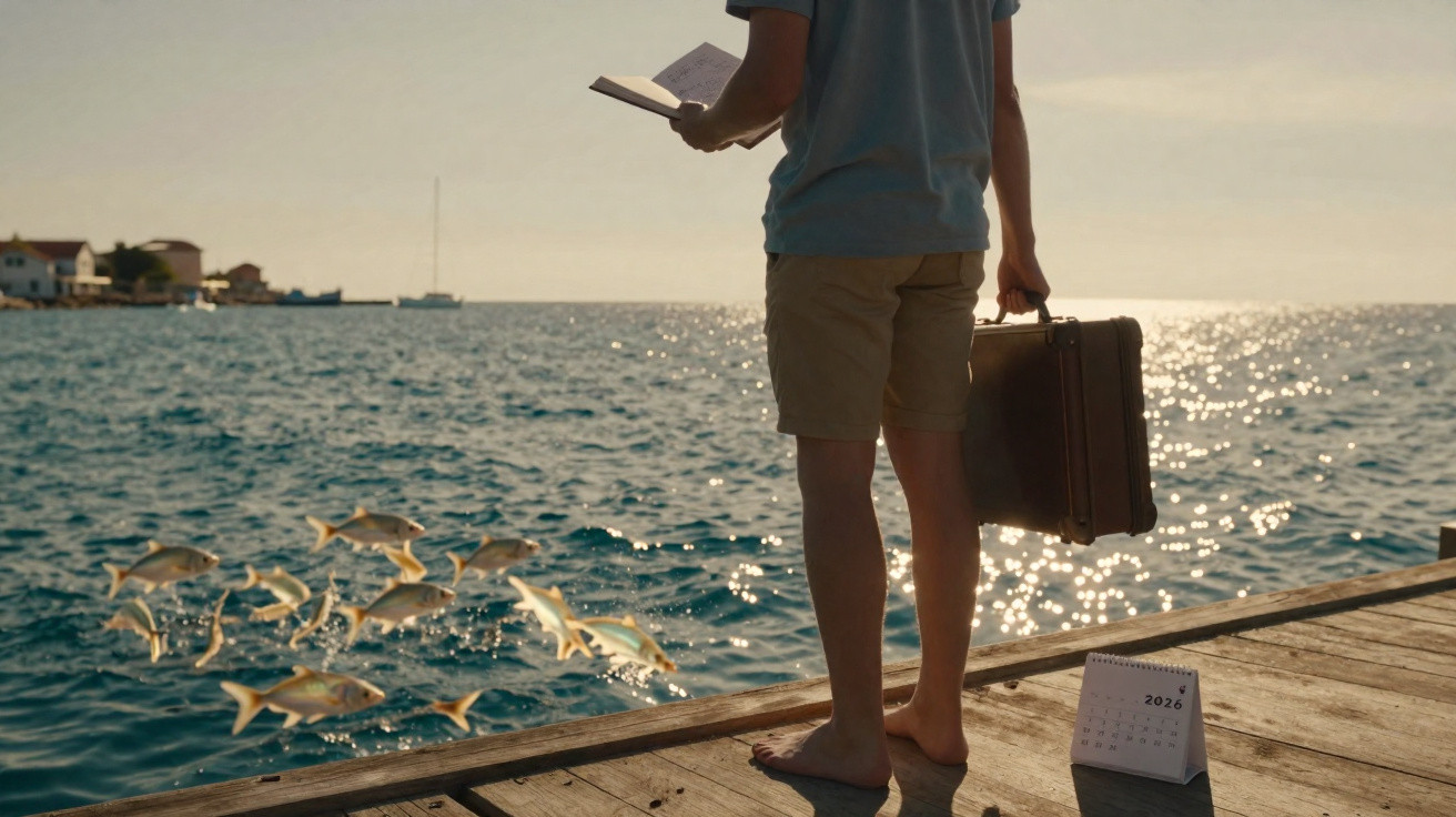Pessoa de pé numa doca com uma mala e a ler um livro, olhando para peixes a saltar no mar ao pôr do sol.